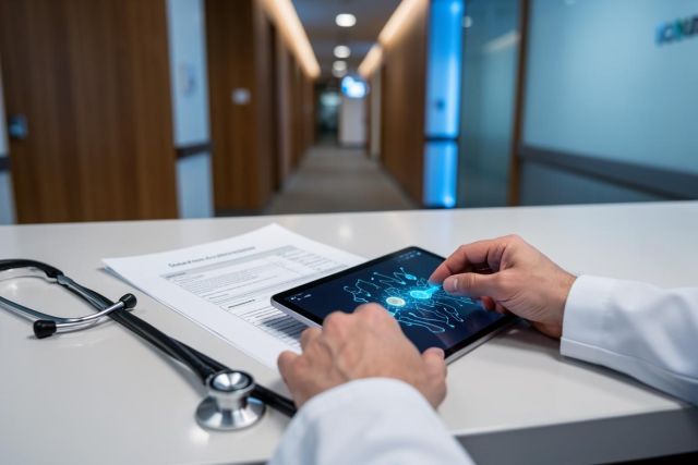 A medical professional in a white lab coat interacts with a digital tablet displaying medical graphics on a clean white desk. A stethoscope and patient documents are visible in the foreground. The background features a blurred hospital corridor with wooden accents and soft blue lighting, highlighting modern healthcare technology and a professional clinic setting.