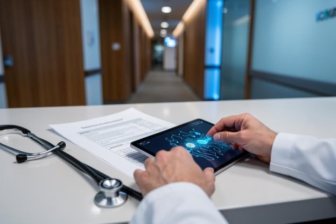 A medical professional in a white lab coat interacts with a digital tablet displaying medical graphics on a clean white desk. A stethoscope and patient documents are visible in the foreground. The background features a blurred hospital corridor with wooden accents and soft blue lighting, highlighting modern healthcare technology and a professional clinic setting.