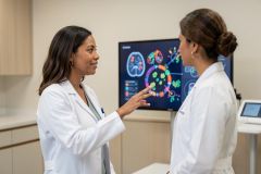 Two female medical professionals in white lab coats discuss neurological data in a modern laboratory. One researcher points toward a large digital screen displaying colorful brain scans and scientific imagery. The bright, clean clinical setting emphasizes healthcare technology, medical research, and professional collaboration.