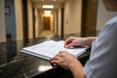 Close-up of hands reviewing medical charts and data reports on a black marble desk. A person in professional attire examines documents with graphs. The background features a blurred, brightly lit hallway of a clinic or office building, creating a sense of a healthcare or corporate environment.