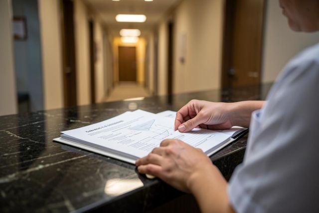 Close-up of hands reviewing medical charts and data reports on a black marble desk. A person in professional attire examines documents with graphs. The background features a blurred, brightly lit hallway of a clinic or office building, creating a sense of a healthcare or corporate environment.