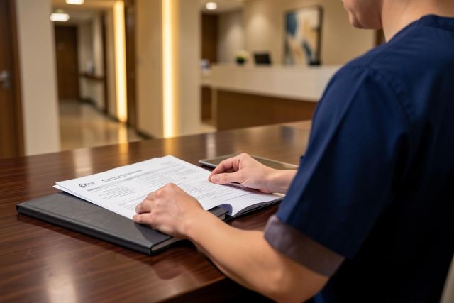 A healthcare worker in blue scrubs reviews medical paperwork on a dark wooden desk in a professional clinic or hospital reception area. The scene features warm lighting and a blurred office background, highlighting medical administration and patient documentation tasks.