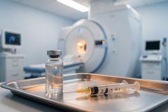A medical vial and a syringe sit on a stainless steel tray in the foreground of a bright hospital room. The background features a blurred MRI scanner and clinical monitors, creating a professional healthcare environment. The scene uses cool blue and white tones, emphasizing a sterile diagnostic imaging or radiology setting.