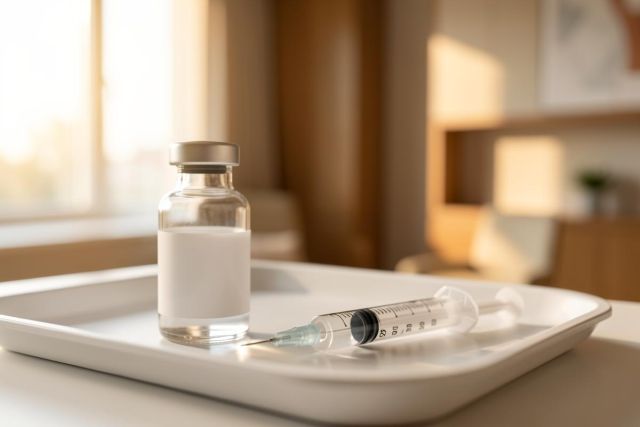 A medical syringe and a clear glass vaccine vial rest on a white tray in a sunlit clinic. The warm, bright environment features a soft-focus background, emphasizing healthcare, immunization, and medical treatment in a professional setting.