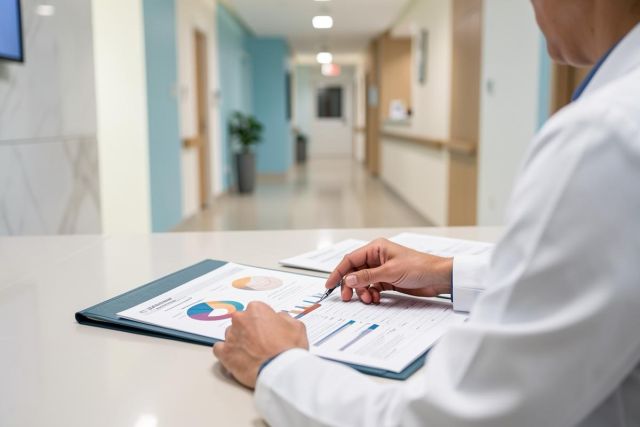A doctor in a white lab coat analyzes medical data charts and colorful graphs in a bright, modern hospital hallway. This professional healthcare setting features a clinical environment with soft lighting, focusing on medical report review and data management.