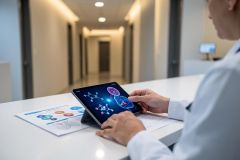 A doctor in a white lab coat uses a tablet to review molecular structures and biological cell data in a modern hospital setting. This image highlights healthcare technology, medical research, and biotechnology. The bright, clean corridor provides a professional clinical environment for digital diagnostics and scientific analysis.
