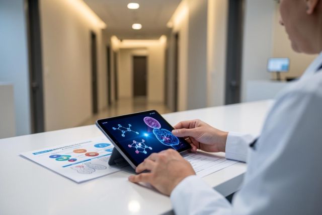 A doctor in a white lab coat uses a tablet to review molecular structures and biological cell data in a modern hospital setting. This image highlights healthcare technology, medical research, and biotechnology. The bright, clean corridor provides a professional clinical environment for digital diagnostics and scientific analysis.