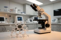 A close-up of a scientific laboratory featuring a professional white microscope and a detailed molecular model on a clean workbench. The bright, modern lab environment includes blurred scientific equipment and monitors in the background, perfect for themes of chemistry, biology, biotechnology, and medical research.