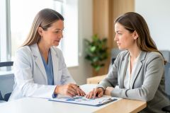 A professional female doctor in a white lab coat discusses medical reports and charts with a female patient in a grey blazer during a consultation. They sit at a desk in a bright, modern medical office with natural light and a green plant. This scene captures a healthcare professional providing medical advice and information to a client.