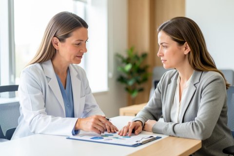 A professional female doctor in a white lab coat discusses medical reports and charts with a female patient in a grey blazer during a consultation. They sit at a desk in a bright, modern medical office with natural light and a green plant. This scene captures a healthcare professional providing medical advice and information to a client.