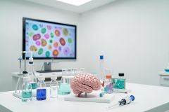 Neuroscience research scene featuring a pink human brain model on a white lab bench. The setting includes various laboratory glassware, beakers with blue and teal liquids, and a pipette. A computer monitor in the background shows colorful microscopic cell imagery, highlighting a medical science or biological study environment.