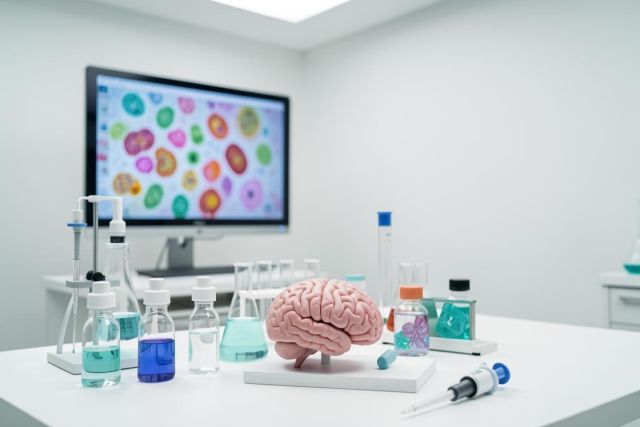 Neuroscience research scene featuring a pink human brain model on a white lab bench. The setting includes various laboratory glassware, beakers with blue and teal liquids, and a pipette. A computer monitor in the background shows colorful microscopic cell imagery, highlighting a medical science or biological study environment.