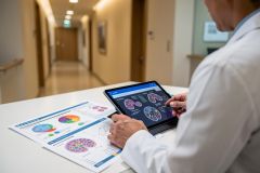 A healthcare professional in a white lab coat analyzes colorful brain scan data on a digital tablet and printed medical reports. Set in a bright, modern hospital hallway or clinic, the image highlights advanced medical technology, digital healthcare diagnostics, and clinical research in a professional setting.