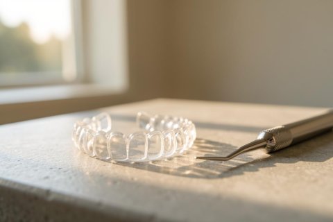 Clear orthodontic dental aligners and a silver metal dental tool rest on a neutral textured surface. Soft sunlight from a window illuminates the scene, highlighting the transparent plastic of the teeth straightening trays. Perfect for dental health and orthodontic treatment concepts.