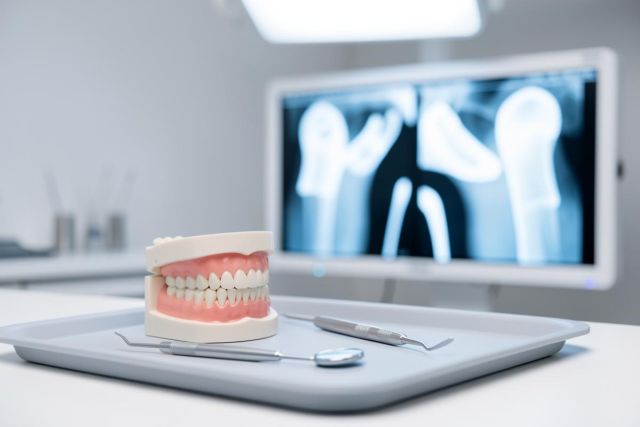 A detailed dental model and professional dental instruments sit on a tray in a bright, modern medical office. In the blurred background, a large monitor displays a medical X-ray, emphasizing a clinical healthcare and diagnostic environment with clean white and blue tones.