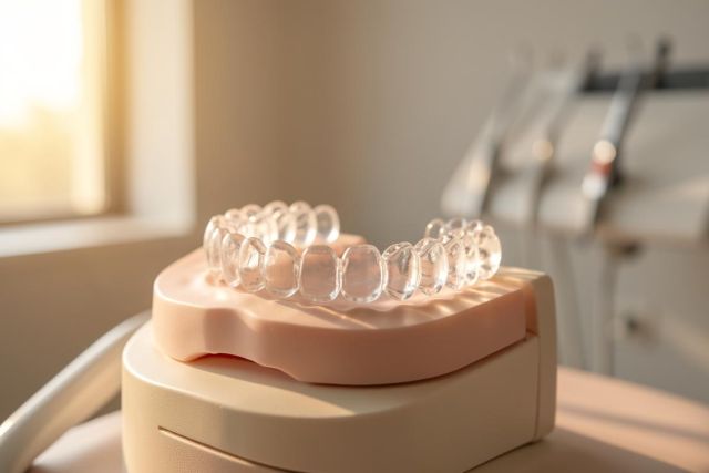 Clear orthodontic dental aligners placed on a pink dental model in a bright, sunlit clinic. The warm lighting and soft focus background highlight the transparent teeth straightening device, ideal for dental care, Invisalign-style treatments, and professional orthodontic services.