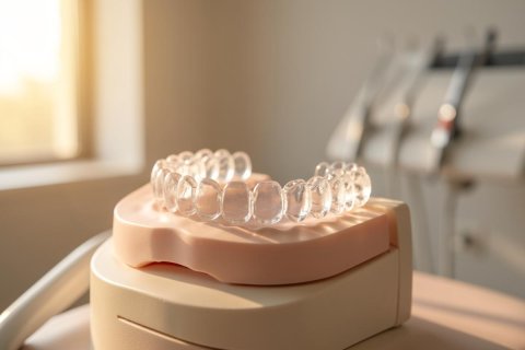 Clear orthodontic dental aligners placed on a pink dental model in a bright, sunlit clinic. The warm lighting and soft focus background highlight the transparent teeth straightening device, ideal for dental care, Invisalign-style treatments, and professional orthodontic services.