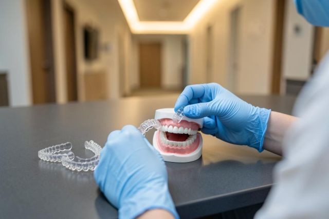 A dental professional wearing blue medical gloves works with clear orthodontic aligners and a realistic dental model of human teeth. Set in a bright, professional dental clinic or laboratory, the image highlights orthodontic treatment and dental care technology. The focus is on the transparent aligners being placed on the model against a blurred clinical background.