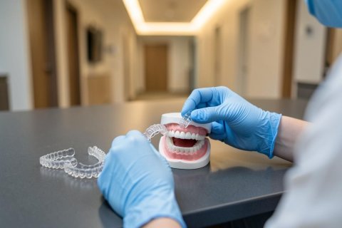A dental professional wearing blue medical gloves works with clear orthodontic aligners and a realistic dental model of human teeth. Set in a bright, professional dental clinic or laboratory, the image highlights orthodontic treatment and dental care technology. The focus is on the transparent aligners being placed on the model against a blurred clinical background.