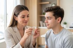 A professional female dentist in a beige blazer holds up a clear dental aligner to explain orthodontic treatment to a young male patient. Set in a bright, modern dental office with warm wood accents and soft natural light, the scene depicts a friendly consultation about teeth straightening and smile improvement.
