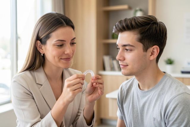A professional female dentist in a beige blazer holds up a clear dental aligner to explain orthodontic treatment to a young male patient. Set in a bright, modern dental office with warm wood accents and soft natural light, the scene depicts a friendly consultation about teeth straightening and smile improvement.