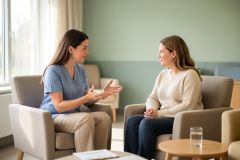 A professional healthcare worker in blue scrubs conducts a medical consultation with a female patient in a bright, calm clinic setting. They sit in beige armchairs during a supportive conversation. The room features neutral colors and natural light from a window, emphasizing a comfortable and professional therapy or doctor's office environment.