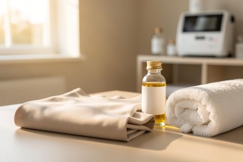 Relaxing spa setting featuring a small glass bottle of golden essential oil with a blank label, a folded beige fabric, and a rolled white towel on a table. Warm sunlight streams through a window in a bright, clean wellness room with blurred spa equipment in the background.