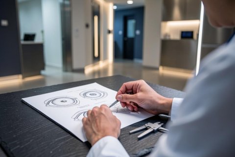 A medical professional in a white lab coat uses a precision tool to measure a detailed anatomical diagram of human eyes. Set in a modern, brightly lit clinical laboratory or ophthalmology office, the scene emphasizes precision in eye health research and diagnostics. The professional environment features a clean aesthetic with neutral colors and soft lighting.