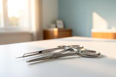 Close-up of professional stainless steel surgical instruments, specifically hemostats, resting on a sterile white surface in a bright medical clinic. The scene features soft natural light and a blurred healthcare environment with light blue walls, emphasizing cleanliness and medical precision.