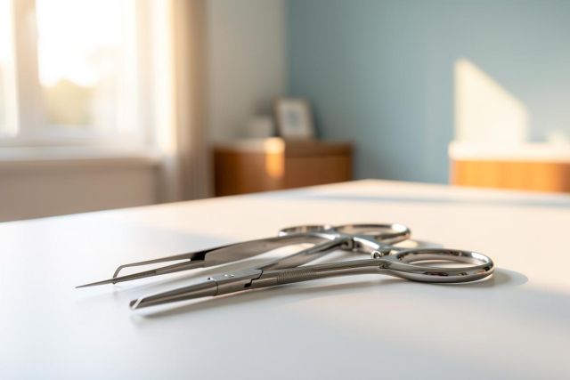 Close-up of professional stainless steel surgical instruments, specifically hemostats, resting on a sterile white surface in a bright medical clinic. The scene features soft natural light and a blurred healthcare environment with light blue walls, emphasizing cleanliness and medical precision.