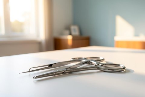 Close-up of professional stainless steel surgical instruments, specifically hemostats, resting on a sterile white surface in a bright medical clinic. The scene features soft natural light and a blurred healthcare environment with light blue walls, emphasizing cleanliness and medical precision.