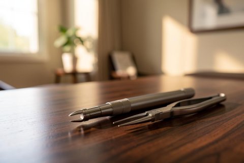 A close-up view of a dark metallic fountain pen and precision tweezers resting on a polished dark wood desk. The warm, sunlit room features a soft bokeh background with a green plant and a window, creating a peaceful workspace or study environment. The natural lighting highlights the elegant textures of the writing tools and wood grain.