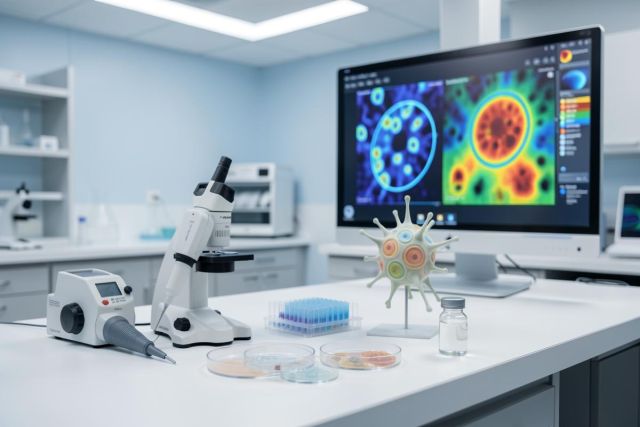 A modern microbiology laboratory featuring a microscope, petri dishes, and a computer monitor displaying colorful scientific imaging of viral structures. The clean, bright workspace includes essential research tools like pipettes and vials on a white lab bench, ideal for biotechnology and medical research contexts.