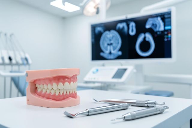 A realistic dental model of human teeth and gums sits on a white surface alongside silver dental instruments. The background features a blurred modern dental clinic environment with a medical monitor displaying diagnostic brain scans, highlighting advanced oral healthcare and professional dentistry.