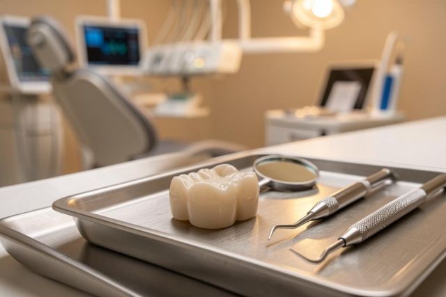 Close-up of professional dental instruments and a white tooth model on a stainless steel tray. The scene is set in a modern dental clinic with a blurred background showing a dental chair and medical monitors, emphasizing oral healthcare and dental examination tools.