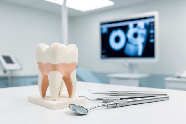 A detailed anatomical model of a human tooth stands on a white surface in a bright, modern dental clinic. Professional silver dental instruments, including a dental mirror and probe, lie in the foreground. The blurred background features a computer monitor displaying dental X-ray scans, emphasizing a professional oral healthcare and dentistry environment.