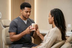A male dental professional in grey scrubs shows a tooth model to a female patient during a consultation in a bright, modern dental clinic. The scene features a Black dentist and patient, emphasizing oral health education and professional dental care. The setting includes a dental chair and neutral-toned medical environment, perfect for healthcare and dentistry themes.