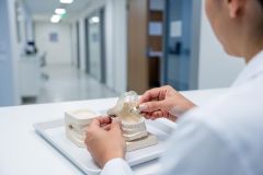 A dental professional in a white coat examines an anatomical model of human teeth and jaws on a white tray. The setting is a bright, modern, and clean dental clinic or medical office with a blurred hallway in the background. This image highlights dental education, oral health care, and professional dentistry in a sterile clinical environment.