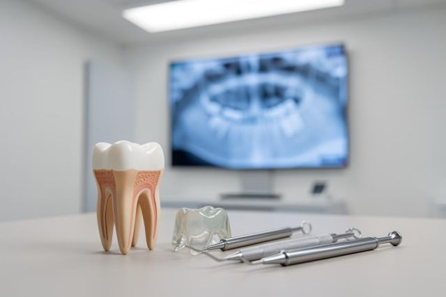 A detailed human tooth model and professional silver dental tools sit on a clean white surface. In the blurred background, a large monitor displays a blue dental X-ray within a modern dental clinic. This image highlights oral health, dentistry, and professional dental diagnostics and equipment.