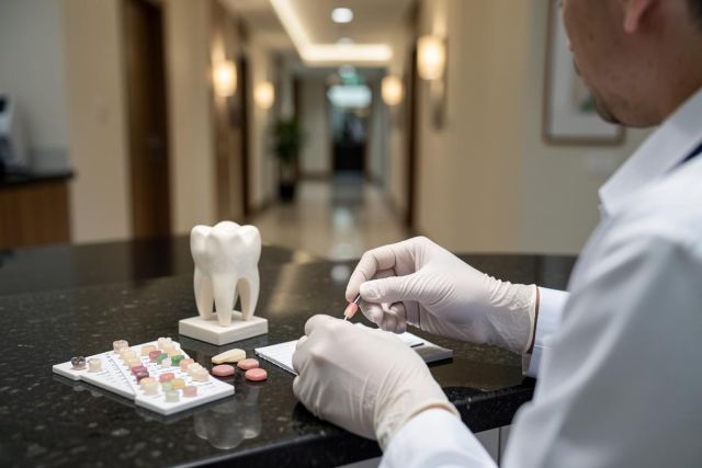 A dental professional in a white lab coat and gloves writes on a notepad in a clinical setting. A white tooth model and a tray of various pills sit on a dark countertop. The background features a blurred dental office hallway, conveying a professional healthcare environment focused on dental care and medication management.