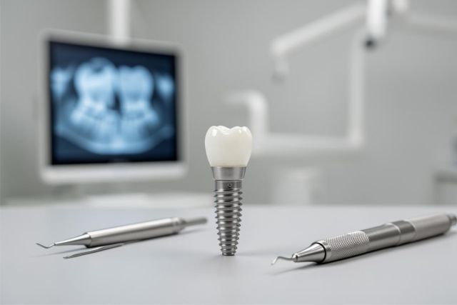 A professional close-up of a dental implant with a white crown on a clean surface, accompanied by silver dental instruments. The background features a blurred dental office setting with a monitor displaying a dental X-ray. This high-quality image highlights modern dentistry, oral health technology, and dental implant procedures in a sterile clinic environment.