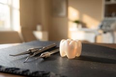 A realistic white dental crown model and silver dental instruments rest on a dark textured slate surface. The background is a brightly lit, sun-drenched room with a soft blur, evoking a professional dental clinic environment. Perfect for themes of oral health, dentistry, and medical care.