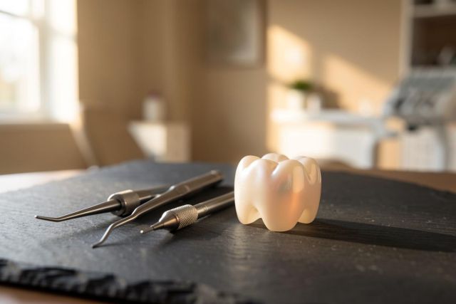 A realistic white dental crown model and silver dental instruments rest on a dark textured slate surface. The background is a brightly lit, sun-drenched room with a soft blur, evoking a professional dental clinic environment. Perfect for themes of oral health, dentistry, and medical care.