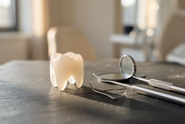 Close-up of a white dental crown model and silver dental tools, including a mirror and probe, resting on a dark textured surface. The background features a softly blurred dental clinic environment with warm lighting, emphasizing professional oral healthcare and dentistry services.