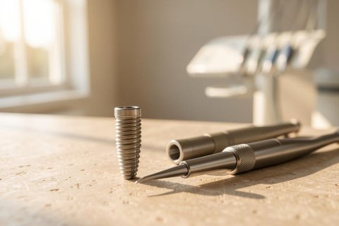 A close-up view of a metallic dental implant screw and professional dental instruments on a light-colored countertop. The scene is set in a bright, modern dental clinic with warm sunlight streaming through a window, creating a soft bokeh background that emphasizes the medical equipment used in restorative dentistry.
