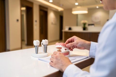 A dentist in a white lab coat holds a dental model and a dental implant during a consultation in a bright, modern dental clinic. The image features clean, professional lighting and a blurred clinic background, highlighting oral health care and dental procedure education.