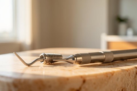 Close-up of a professional silver metal dental instrument resting on a smooth, light beige marble tabletop. The scene is illuminated by warm, natural sunlight, creating soft shadows and a bright atmosphere. The background shows a blurred, neutral-toned dental clinic or medical office setting, emphasizing the clean and professional environment.