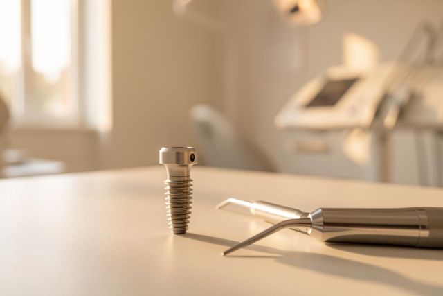 Close-up of a professional dental implant screw and a metallic dental tool on a white surface. The scene is set in a modern, brightly lit dental clinic with a soft, warm color palette and blurred medical equipment in the background, emphasizing a professional healthcare environment.