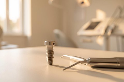 Close-up of a professional dental implant screw and a metallic dental tool on a white surface. The scene is set in a modern, brightly lit dental clinic with a soft, warm color palette and blurred medical equipment in the background, emphasizing a professional healthcare environment.