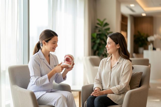 A female dentist in a white uniform explains dental care using a tooth model to a female patient in a bright, modern clinic. The professional setting features large windows, natural light, neutral tones, and indoor plants, creating a calm environment for a dental consultation and oral health education.